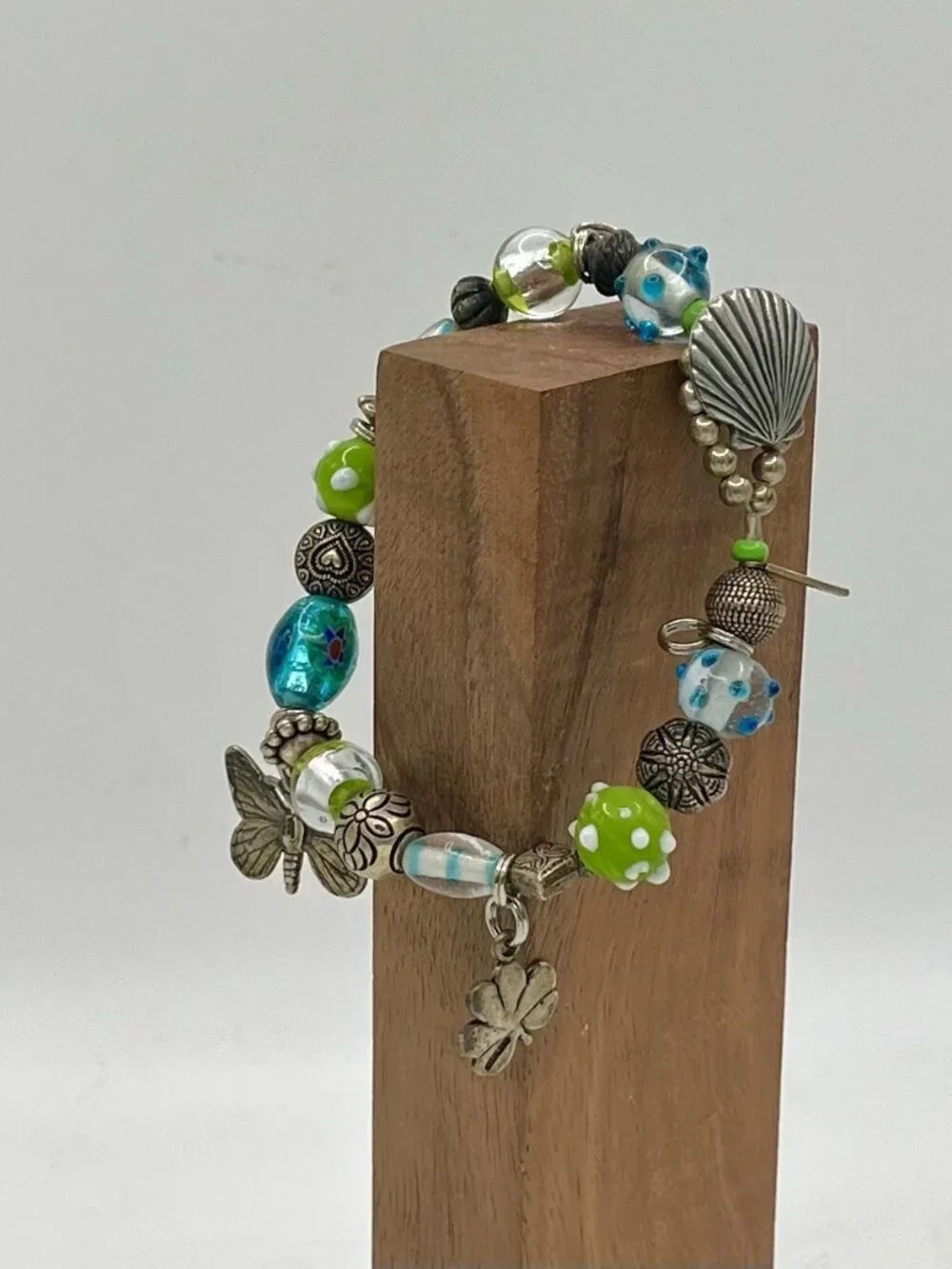 VTG Sterling Silver Charm Bracelet Artisan Lampwork Glass Beads Florida Shell